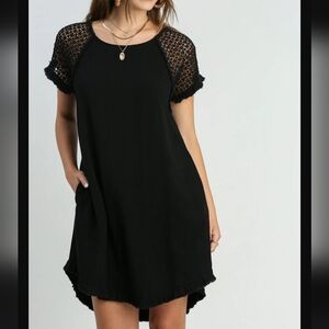 Umgee Linen Cotton Blnd S Lace Crochet Shift Hi-lo Hem Boho Little Black Dress